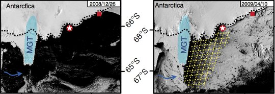 The glacier tongue (blue) in summer and winter.