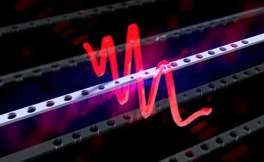 This is an illustration of a resonator in quantum superposition. The red wave represents the wave function. 