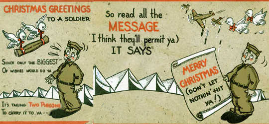 A colorful vintage cartoon greeting card depicts a caricature of a soldier receiving a message from the ‘Pigeon Express’.