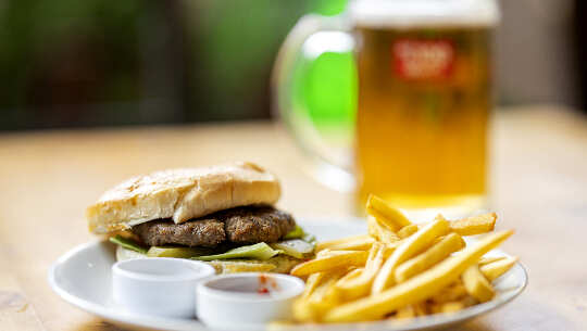 hamburger, french fries, and beer