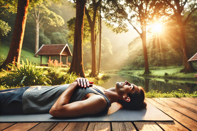 a man laying down outside on a yoga mat with eyes closed and hands on his chest