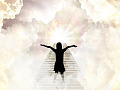 a person with arms wide open standing on a staircase in the clouds