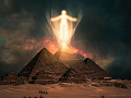 a ghostly figure above the pyramids