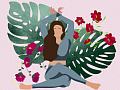 a woman practicing yoga in front of a Monstera deliciosa plant (also known as Mexican breadfruit)