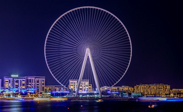 a gigantic ferris wheel overlookinga cityscape