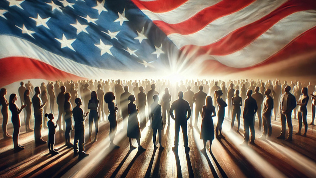 image of a group of people standing under a flowing American flag