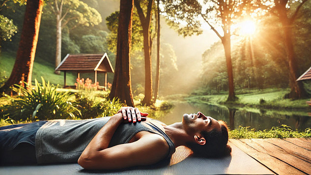 a man laying down outside on a yoga mat with eyes closed and hands on his chest