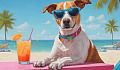 dog wearing sunglasses and with an orange drink in a glass with straw