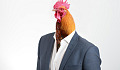 a man in a suit but with a rooster instead of a head and face