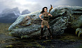 an Amazonian woman warrior standing next to a dragon