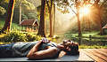 a man laying down outside on a yoga mat with eyes closed and hands on his chest