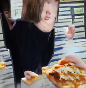 ‘an image of a girl eating a large slice of pizza’ ‘an image of a girl eating a large slice of pizza’