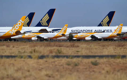 Grounded planes parked at a storage facility in Alice Springs, Australia.