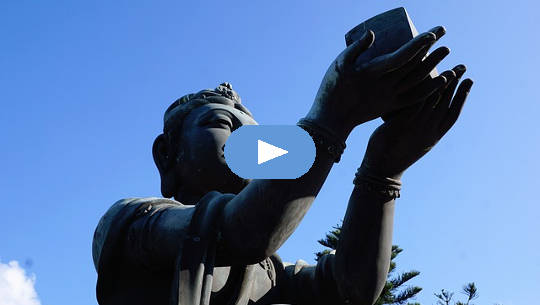 buddha statue holding up a gift to the heavens