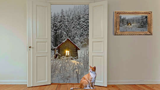 an open door, showing a light in a cabin window outside