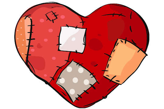 a drawing of a heart with patches and scars