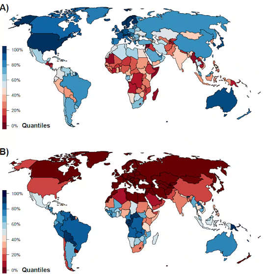 How (a) 2008–2018 national average GDP per capita compares with (b) tropical forest area. How (a) 2008–2018 national average GDP per capita compares with (b) tropical forest area.