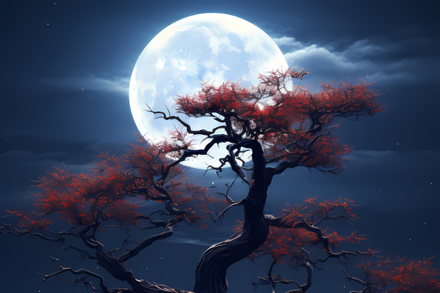 huge full moon behind a tree