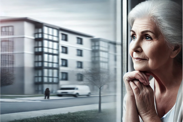 a senior woman looking peacefully out the window at an apartment housing complex