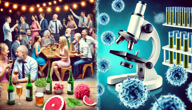 a split image: half showing people socializing and drinking, the other half showing a microscope to study the effects of alcohol on our cells and cancer