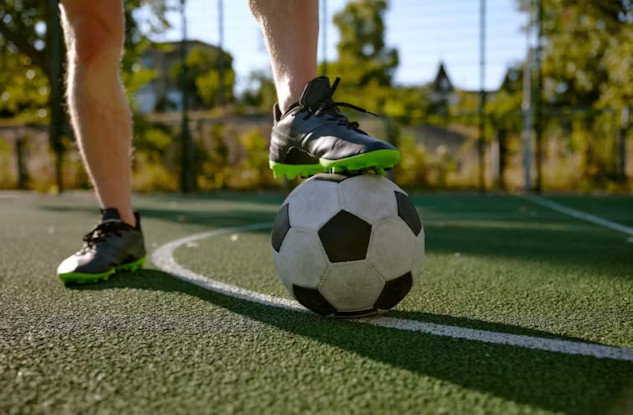 someone's foot on top of a soccer ball