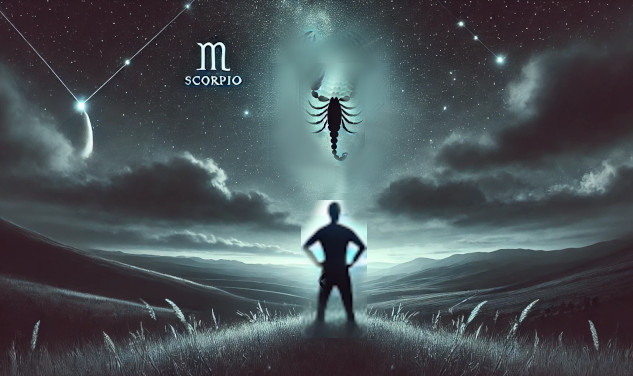 a man standing in a dark landscape with Scorpio symbols above him