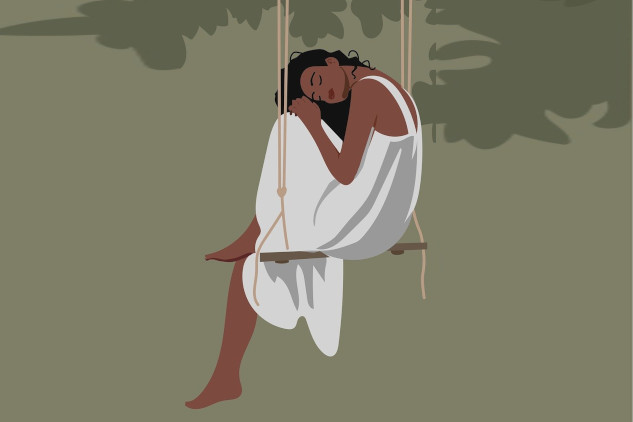 woman wearing a white dress sitting with eyes closed on a swing