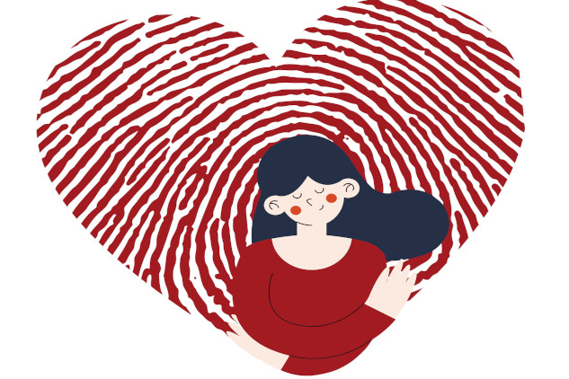 an image of a woman in front of a huge "fingerprint" heart