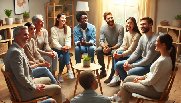 a groupp of diverse and smiling people sitting in a circle