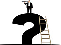 man using a telescope standing on top of a question mark