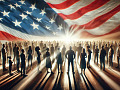 image of a group of people standing under a flowing American flag