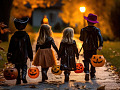 A joyful Halloween night scene with children in costumes trick-or-treating.