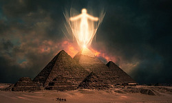 a ghostly figure above the pyramids