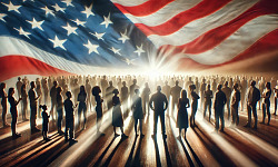 image of a group of people standing under a flowing American flag