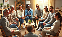 a groupp of diverse and smiling people sitting in a circle