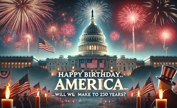 Illustration depicting America’s 250th anniversary with symbols of democracy, highlighting the 2024 election as a crucial moment for U.S. values and freedoms.