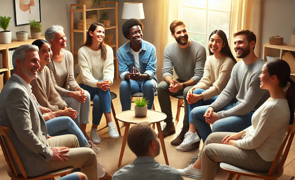 a groupp of diverse and smiling people sitting in a circle