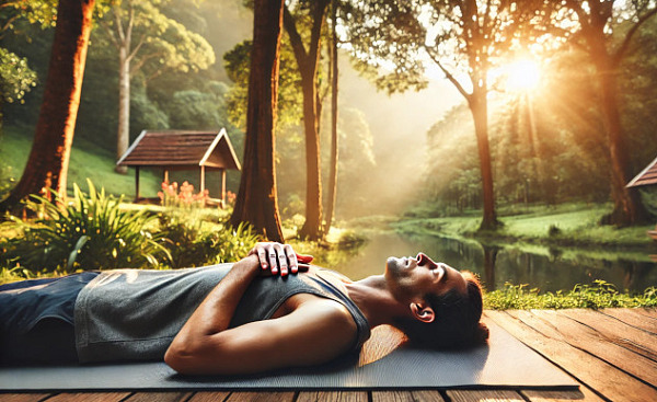 a man laying down outside on a yoga mat with eyes closed and hands on his chest