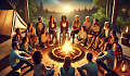 a diverse group of people sitting around a campfire