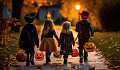 A joyful Halloween night scene with children in costumes trick-or-treating.